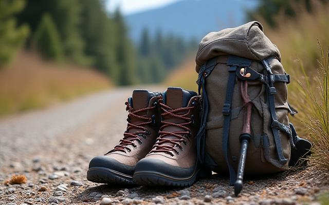 Nahaufnahme von Wanderschuhen, Wanderstöcken und einem Rucksack auf einem Bergpfad