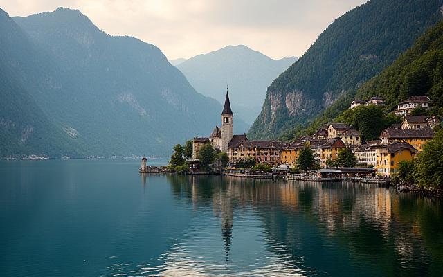 Idyllisches Dorf Hallstatt am See, umgeben von Bergen, mit traditionellen Häusern und klarer Abendbeleuchtung
