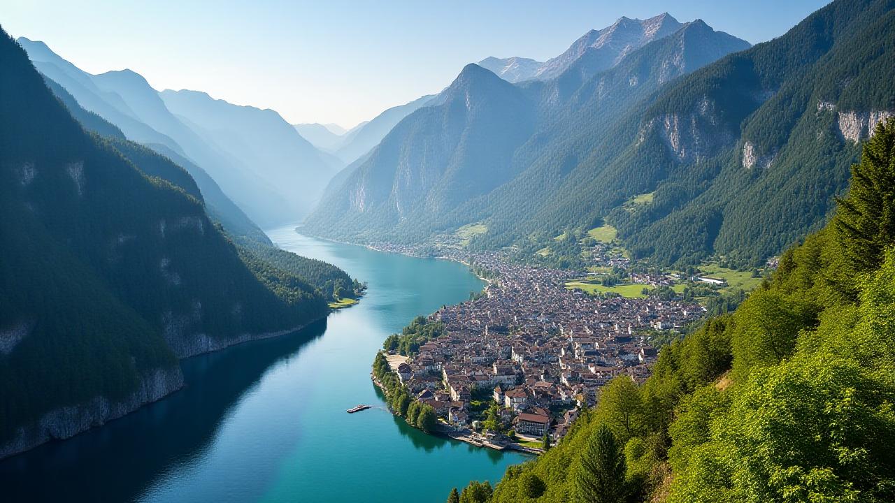 Luftbild von Hallstatt mit Bergen und See, Wegweiser zu Gipfel Linie