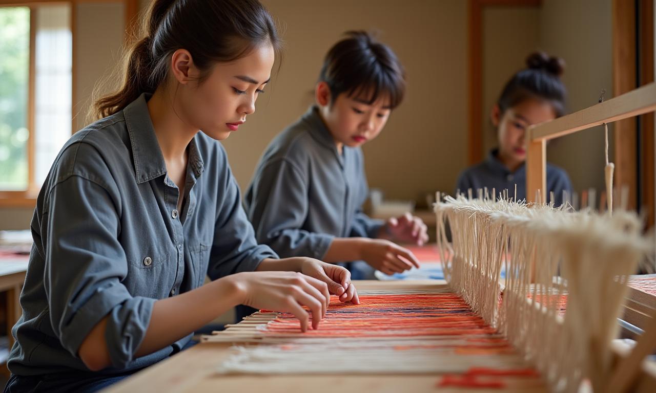 若い参加者が熟練の職人から指導を受けている様子
